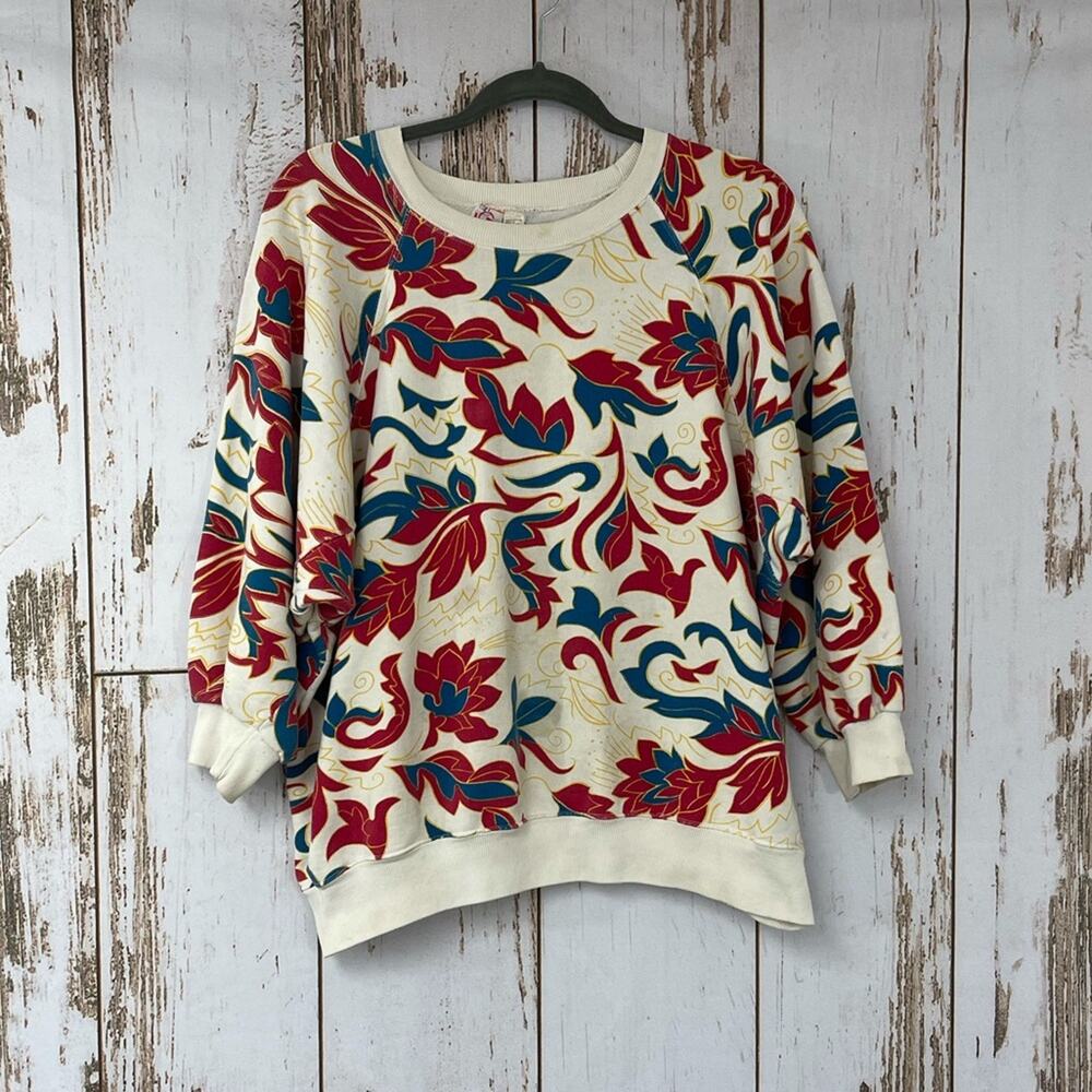 Vintage, Cream/Red/Blue Brocade Print Crewneck Sweater, Size Large.